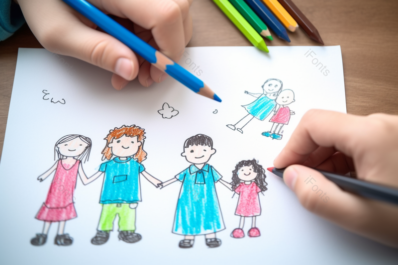 艺术彩绘天真儿童绘画全家福摄影,高清,摄影图,摄影图片,图片大全,摄影图免费下载